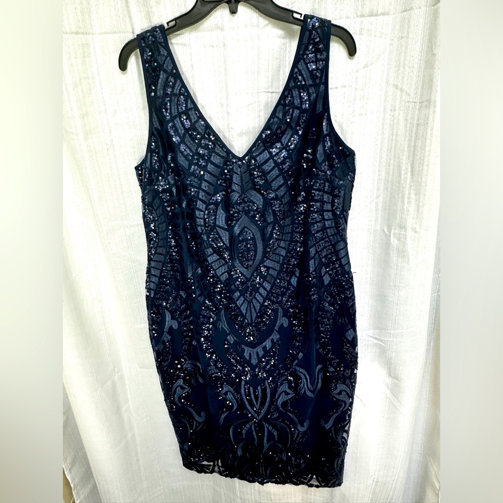 Nicole Miller Dress Midnight Navy Blue 14 Sequin Sheath Party Event